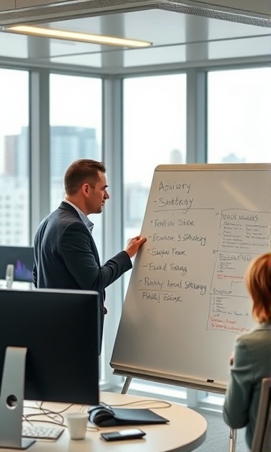 advisory meeting, contemplative, planning strategy on a whiteboard, photorealistic, modern office with large windows overlooking the city, highly detailed, ambient noise of computers and soft chatter, 35mm, neutral colors, fluorescent lighting, shot with a Sony FE 35mm f/1.4 GM lens.
