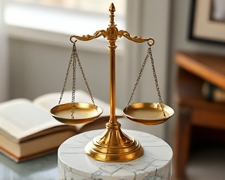 intricate equity scales, balanced, teetering slightly, photorealistic, on a marble pedestal surrounded by legal tomes, highly detailed, delicate chains and weights, f/4, burnished brass, gentle natural lighting, shot with a 100mm macro lens.