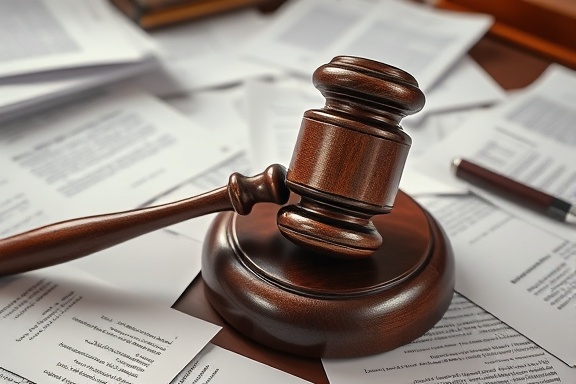 intricate equity gavel, bespoke design, resting silently, photorealistic, amidst the chaos of scattered legal documents on a judge's table, highly detailed, subtle scratches on the gavel surface, deep walnut color, soft overhead lighting, shot with a 35mm lens.